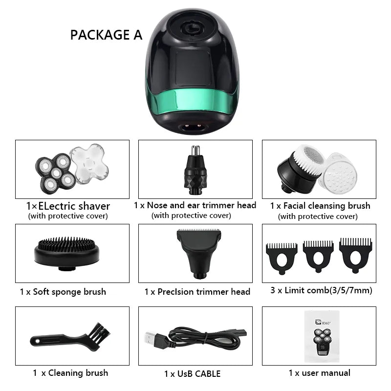 5 In 1 4D Men's Rechargeable Bald Head Electric Shaver 5 Floating Heads Beard Nose Ear Hair Trimmer Razor Clipper Facial Brush